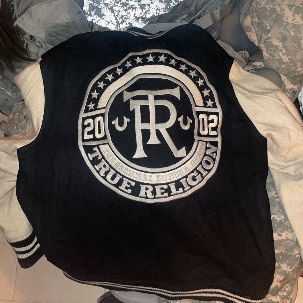 True Religion Black and Cream Varsity Jacket